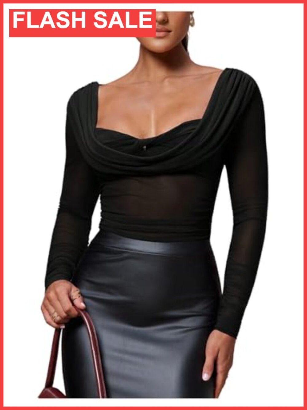 SOLY HUX Women's Sheer Mesh Long Sleeve Tee Sweetheart Neck Twist Draped Top